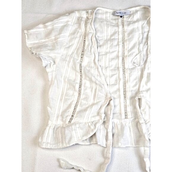 Harper & Me Womens Open Front Wrap Top White Striped Ruffle Hem - Picture 2 of 8